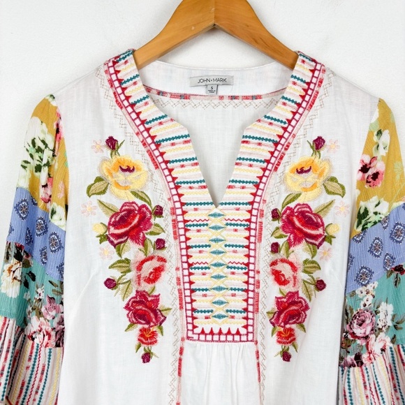 John Mark Embroidered Boho Patchwork Linen Top Sz S - Picture 3 of 7